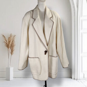 Vintage Express French Country Wool Coat Mens S Ivory Blanket Stitch Oversized